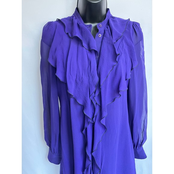 Armani Exchange Retro 100% Silk Purple Ruffle Button Down Dress Size 2 Formal - Picture 4 of 11